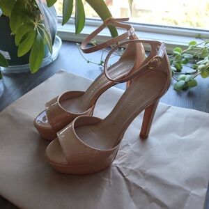Stuart Weitzman Discoplatform Patent Leather Heels, Adobe Beige